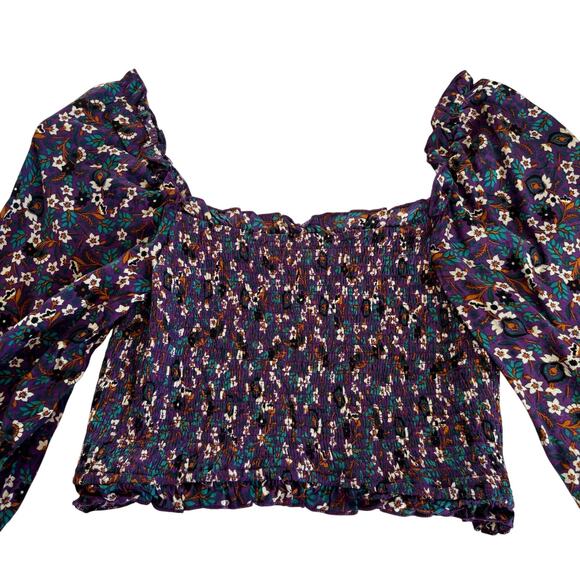 Band of the Free Agathe Purple Boho Floral Print Smocked Long Sleeve Top Medium - Picture 5 of 8